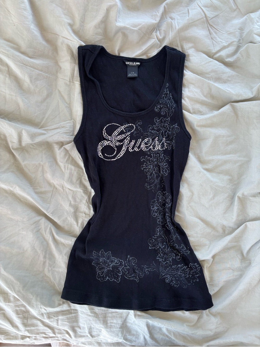 Guess Black Rhinestone Logo Ribbed Tank